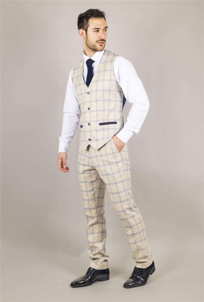 Men's Waistcoat Beige Checked Tailored Fit Vest - Knighthood Store