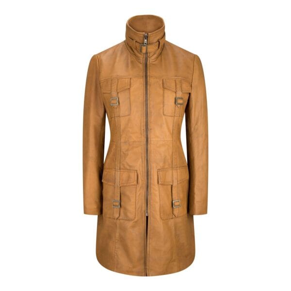 Black Tan Ladies Woman's Vintage Soft Washed Real Leather Jacket Trench Coat - Knighthood Store