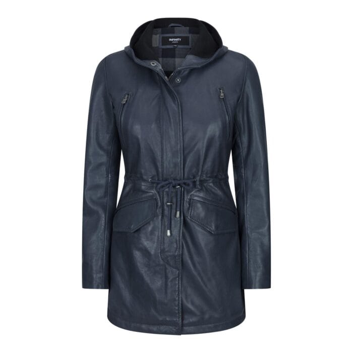 Womens Real Leather Peacoat Hooded Parka Jacket Navy Blue Brown Tailored Fit 3/4 Long - Knighthood Store