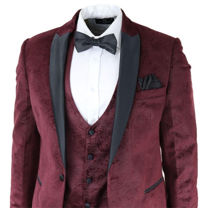 Mens Marc Darcy Velvet Paisley Burgundy Fit 3 Piece Suit Tuxedo Dinner Jacket Wedding - Knighthood Store