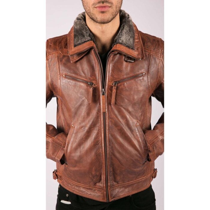 Mens Washed Rust Tan Brown Removable Fur Collar Leather Jacket Slim Fit Zipped - Knighthood Store