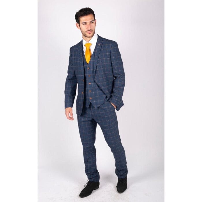 Mens 3 Piece Blue Orange Check Suit Retro Smart Tailored Fit Vintage - Knighthood Store