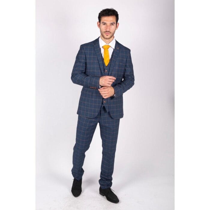 Mens 3 Piece Blue Orange Check Suit Retro Smart Tailored Fit Vintage - Knighthood Store
