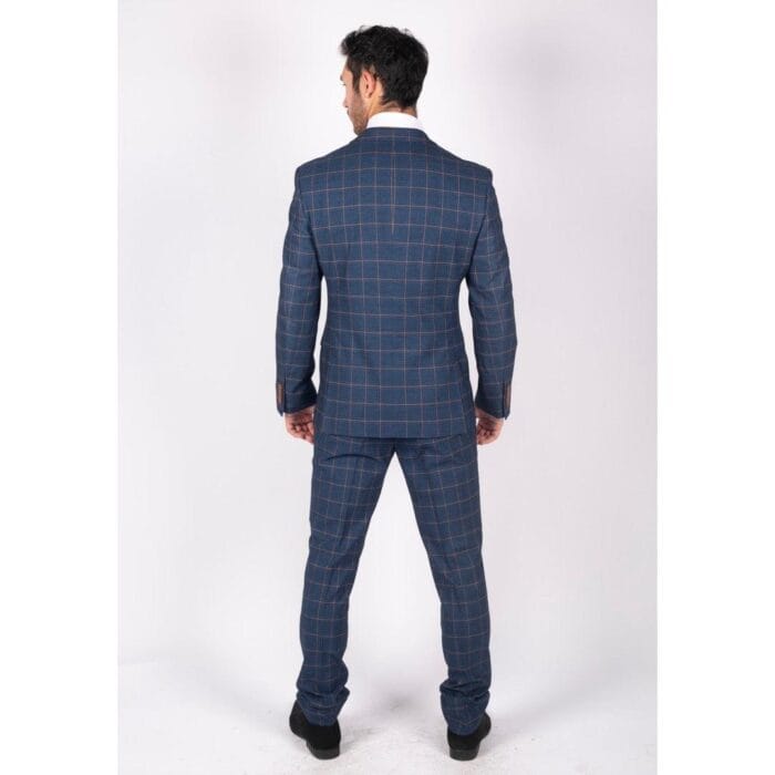 Mens 3 Piece Blue Orange Check Suit Retro Smart Tailored Fit Vintage - Knighthood Store