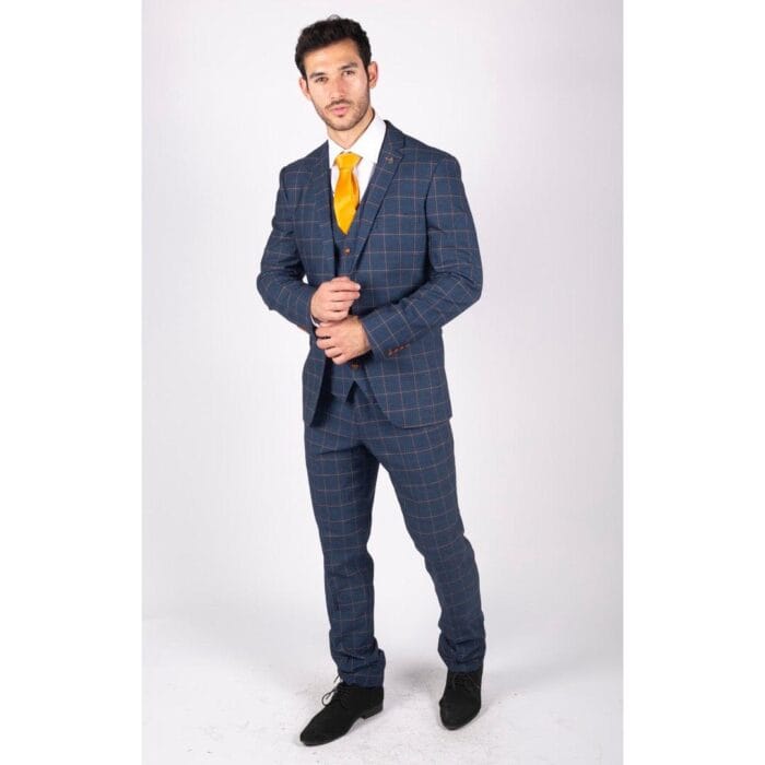 Mens 3 Piece Blue Orange Check Suit Retro Smart Tailored Fit Vintage - Knighthood Store