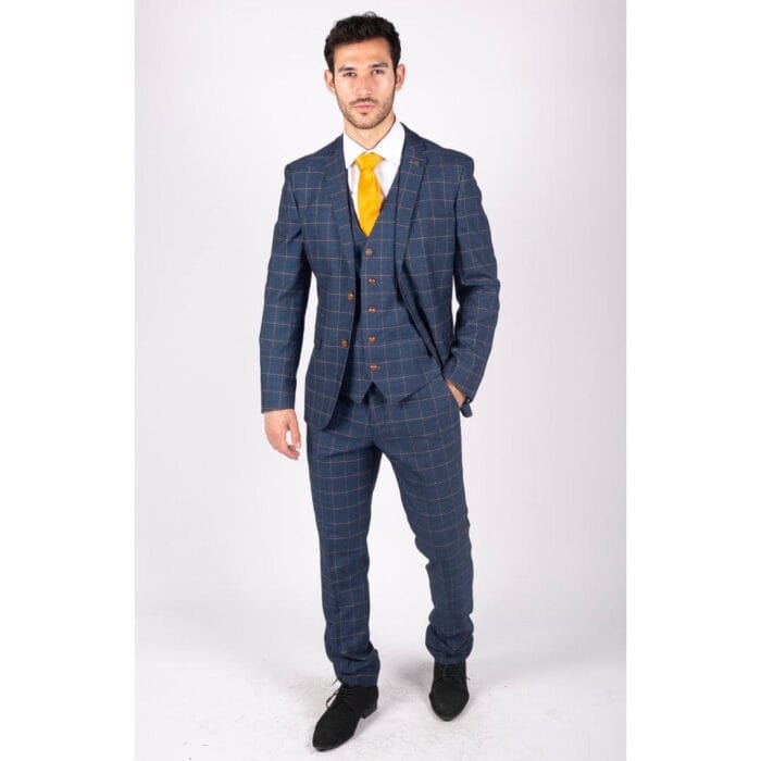 Mens 3 Piece Blue Orange Check Suit Retro Smart Tailored Fit Vintage - Knighthood Store