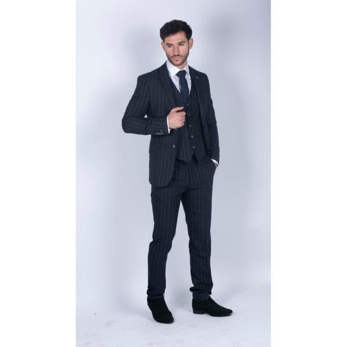 Mens 3 Piece Suit Pin Stripe Navy Classic Vintage Retro 1920s Tailored Fit Wedding - Knighthood Store