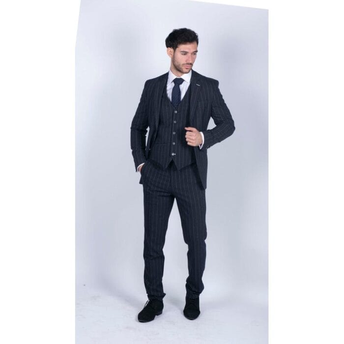 Mens 3 Piece Suit Pin Stripe Navy Classic Vintage Retro 1920s Tailored Fit Wedding - Knighthood Store