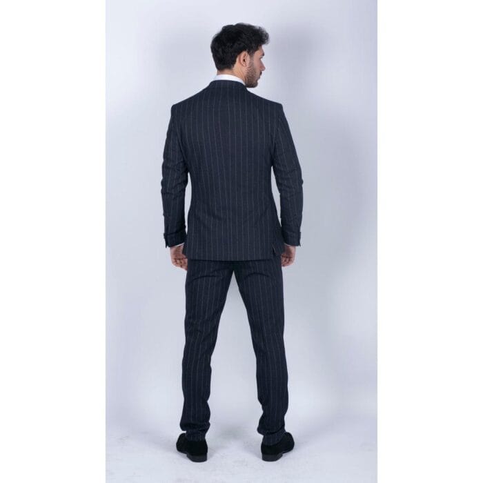 Mens 3 Piece Suit Pin Stripe Navy Classic Vintage Retro 1920s Tailored Fit Wedding - Knighthood Store