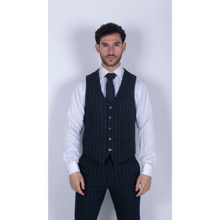 Mens 3 Piece Suit Pin Stripe Navy Classic Vintage Retro 1920s Tailored Fit Wedding - Knighthood Store