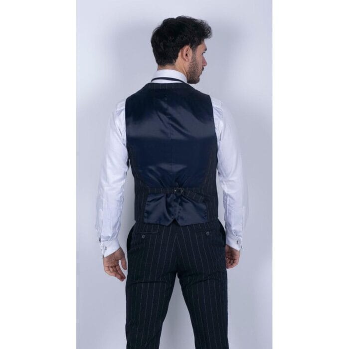 Mens 3 Piece Suit Pin Stripe Navy Classic Vintage Retro 1920s Tailored Fit Wedding - Knighthood Store