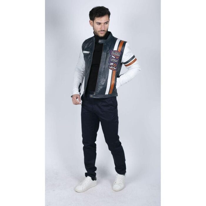 Mens Retro Vintage Navy Blue White Real Leather Biker Jacket Badge Design Casual - Knighthood Store