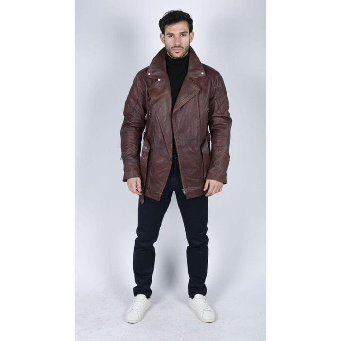 Mens Cross Zip Belted Black 3/4 Motorcycle Biker Long Leather Jacket CE Armour - Knighthood Store