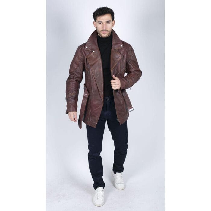 Mens Cross Zip Belted Black 3/4 Motorcycle Biker Long Leather Jacket CE Armour - Knighthood Store