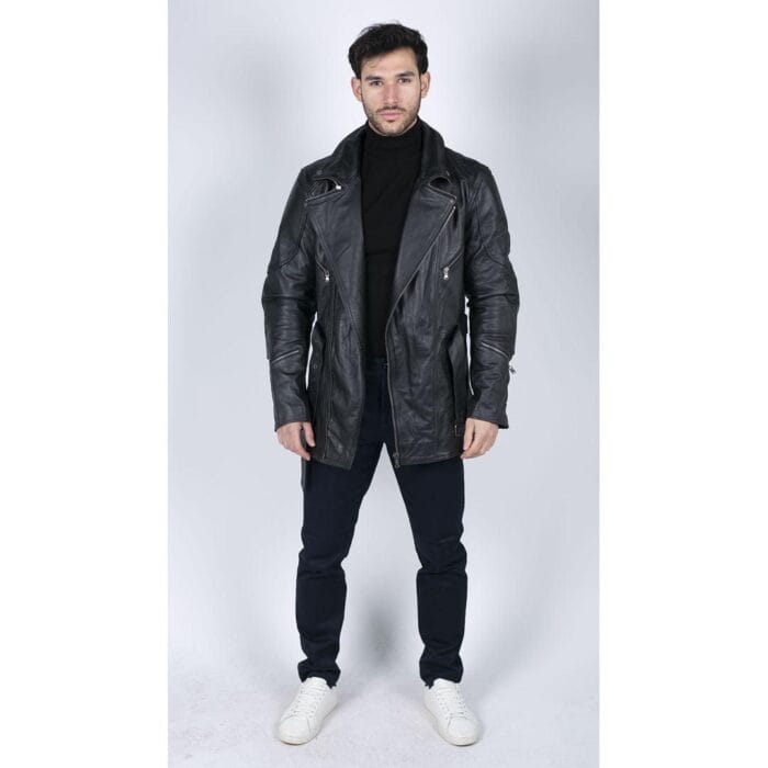 Mens Cross Zip Belted Black 3/4 Motorcycle Biker Long Leather Jacket CE Armour - Knighthood Store