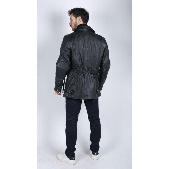 Mens Cross Zip Belted Black 3/4 Motorcycle Biker Long Leather Jacket CE Armour - Knighthood Store
