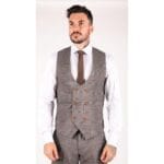 Mens 3 Piece Navy Blue Tan Check Double Breasted Waistcoat Formal Suit Classic - Knighthood Store