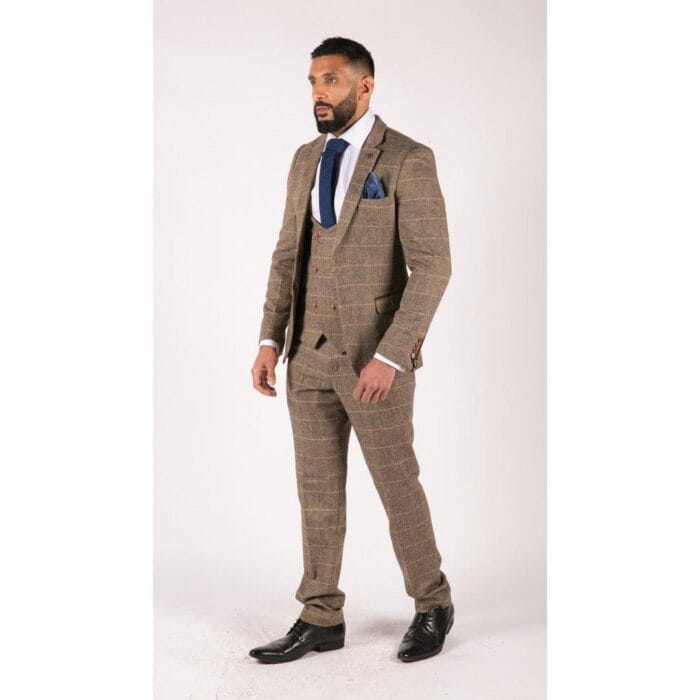 Mens 3 Piece Herringbone Tweed Tan Brown Check Suit Tailored Fit Double Classic - Knighthood Store