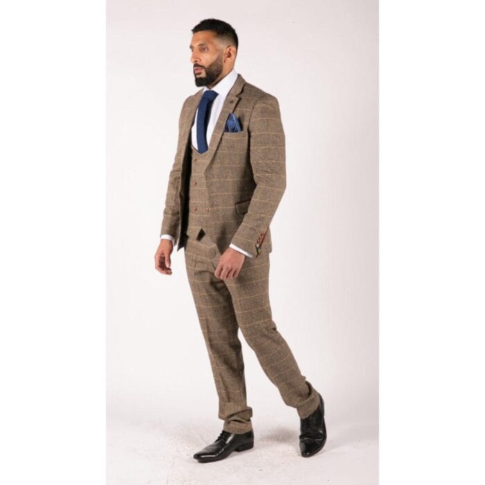 Mens 3 Piece Herringbone Tweed Tan Brown Check Suit Tailored Fit Double Classic - Knighthood Store