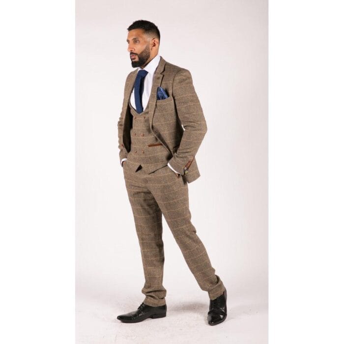 Mens 3 Piece Herringbone Tweed Tan Brown Check Suit Tailored Fit Double Classic - Knighthood Store