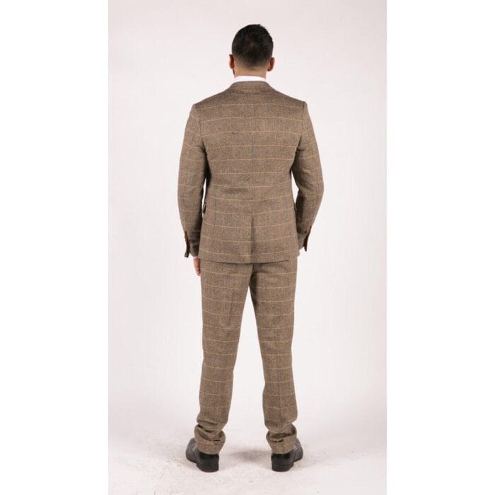 Mens 3 Piece Herringbone Tweed Tan Brown Check Suit Tailored Fit Double Classic - Knighthood Store