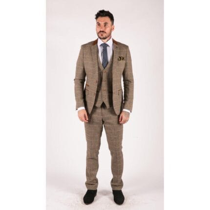 Mens Check Vintage Herringbone Tweed Tan Brown 3 Piece Suit Slim Fit Wedding - Knighthood Store