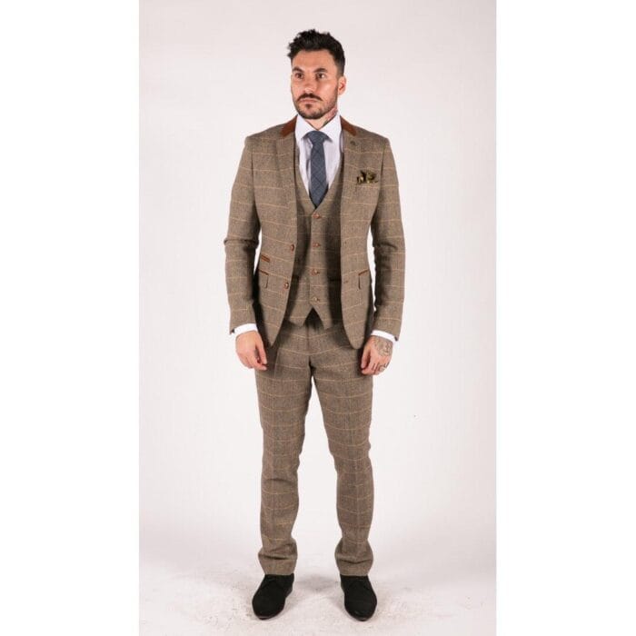 Mens Check Vintage Herringbone Tweed Tan Brown 3 Piece Suit Slim Fit Wedding - Knighthood Store