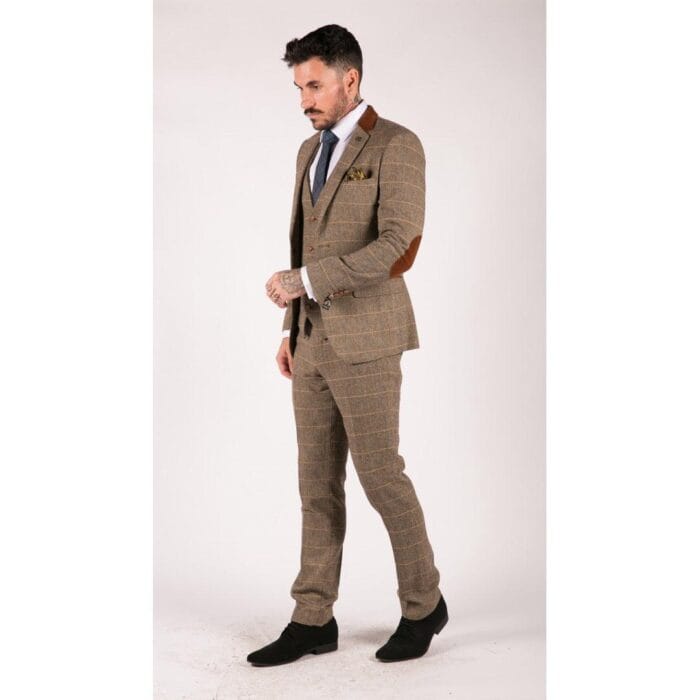 Mens Check Vintage Herringbone Tweed Tan Brown 3 Piece Suit Slim Fit Wedding - Knighthood Store