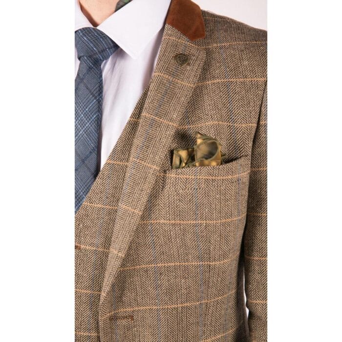 Mens Check Vintage Herringbone Tweed Tan Brown 3 Piece Suit Slim Fit Wedding - Knighthood Store