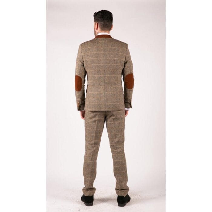 Mens Check Vintage Herringbone Tweed Tan Brown 3 Piece Suit Slim Fit Wedding - Knighthood Store