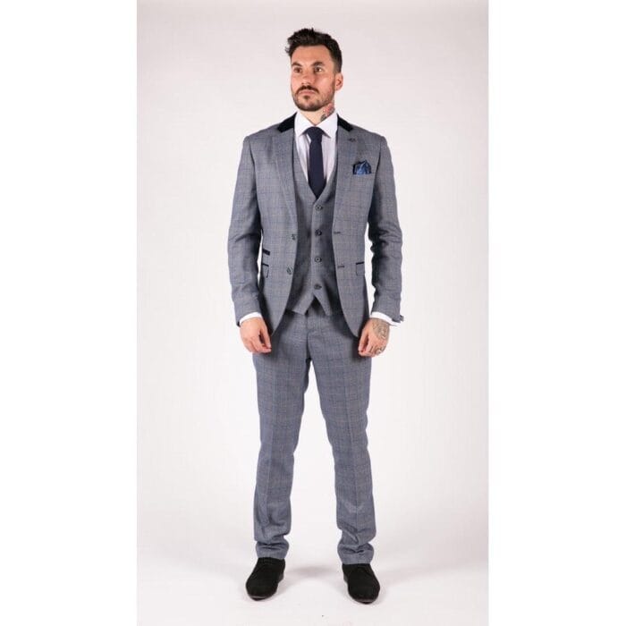 Mens Blue Check Marc Darcy 3 Piece Suit Double Breasted Waistcoat Elbow Patch - Knighthood Store