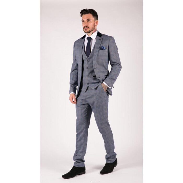Mens Blue Check Marc Darcy 3 Piece Suit Double Breasted Waistcoat Elbow Patch - Knighthood Store