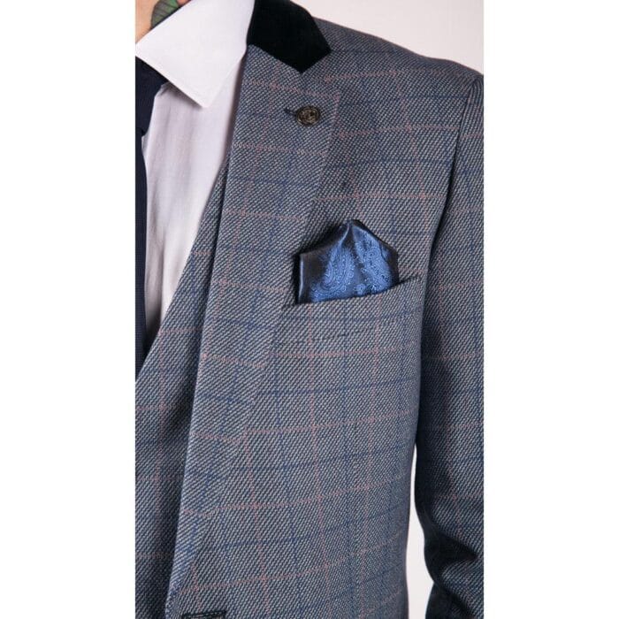 Mens Blue Check Marc Darcy 3 Piece Suit Double Breasted Waistcoat Elbow Patch - Knighthood Store