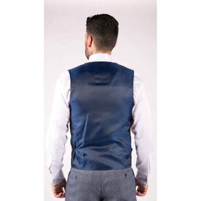 Mens Blue Check Marc Darcy 3 Piece Suit Double Breasted Waistcoat Elbow Patch - Knighthood Store