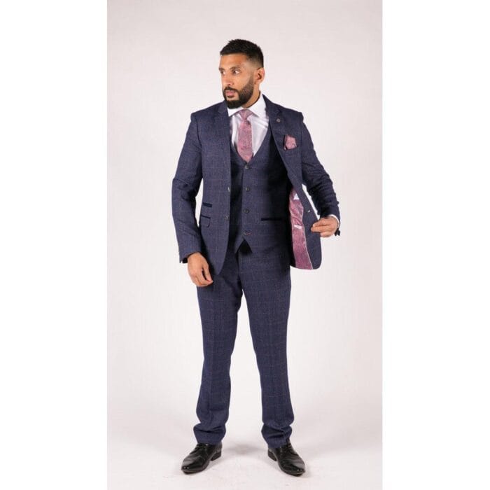 Mens Navy Blue 3 Piece Suit Double Breasted Waistcoat Tan Prince Of Wales Check - Knighthood Store