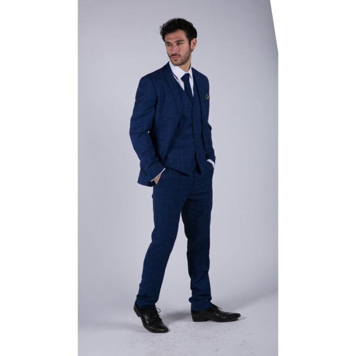 Mens 3 Piece Suit Royal Blue Prince Of Wales Check Suit Classic Wedding Formal - Knighthood Store