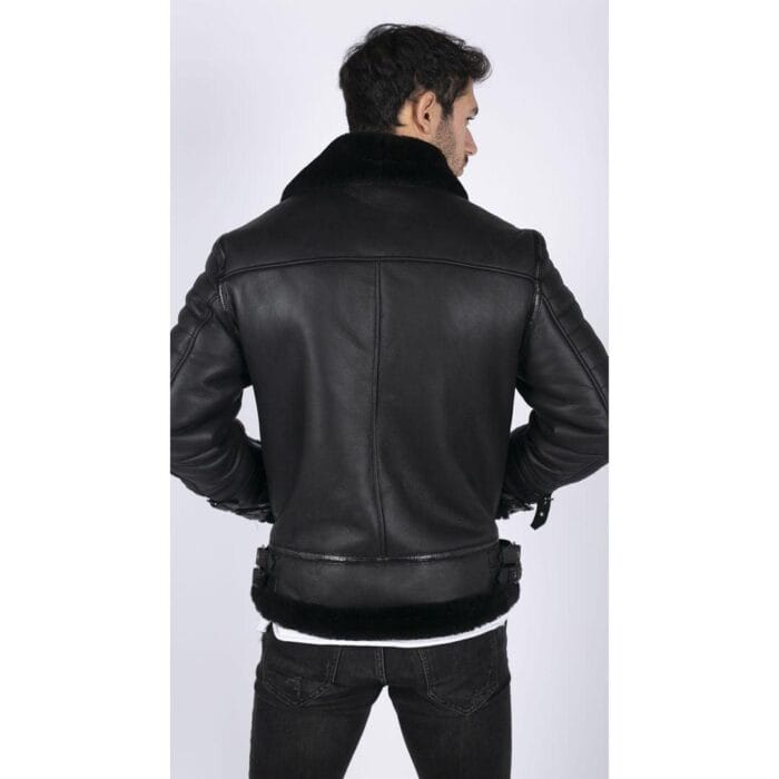 Mens Black Real Sheepskin Flying Jacket Zipped WW2 Pilot Black Winter Warm Coat - Knighthood Store