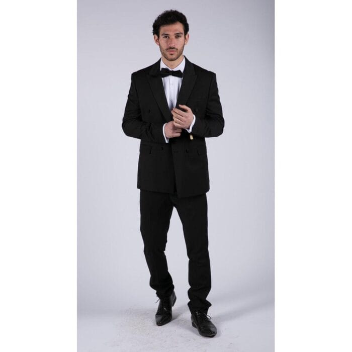 Mens Double Breasted Black Tuxedo Suit Dinner Jacket Stripe Trouser Tux Classic Satin - Knighthood Store