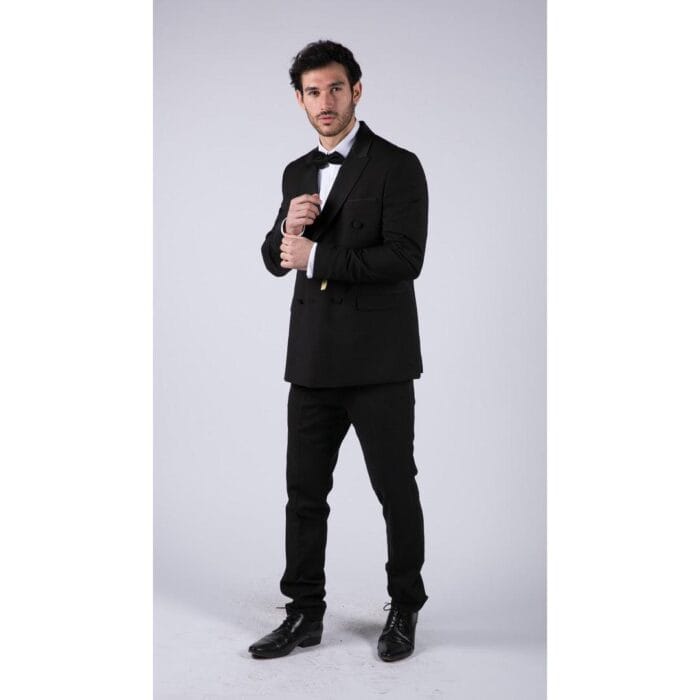 Mens Double Breasted Black Tuxedo Suit Dinner Jacket Stripe Trouser Tux Classic Satin - Knighthood Store
