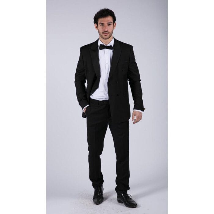 Mens Double Breasted Black Tuxedo Suit Dinner Jacket Stripe Trouser Tux Classic Satin - Knighthood Store