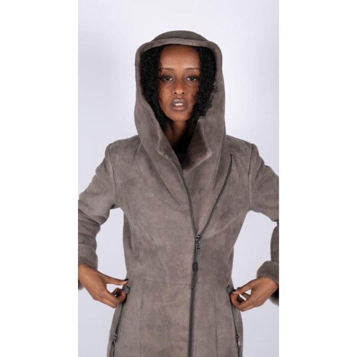 Womens 3/4 Mid Length Real Sheepskin Beige Vintage Toscana Suede Hood Coat - Knighthood Store