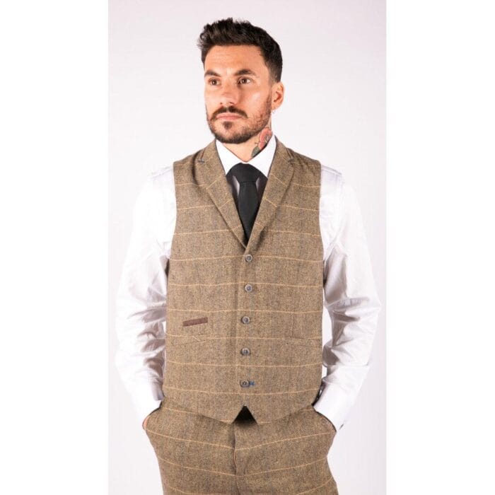 Mens 3 Piece Classic Tweed Herringbone Check Tan Brown Slim Fit Vintage Suit - Knighthood Store