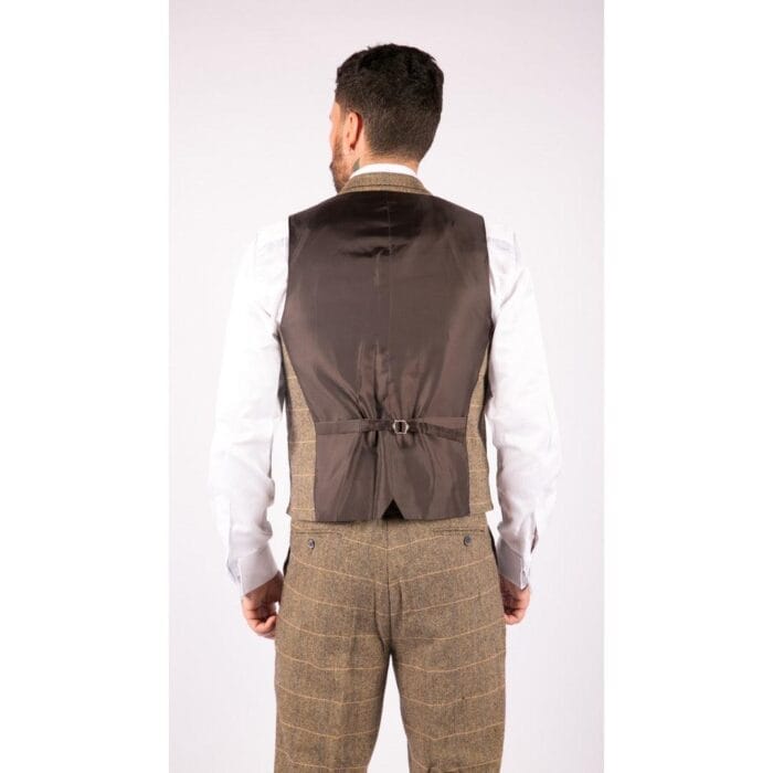 Mens 3 Piece Classic Tweed Herringbone Check Tan Brown Slim Fit Vintage Suit - Knighthood Store