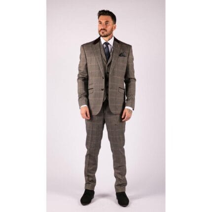Mens Check Tweed Wool 3 Piece Tan Brown Beige Suit Vintage Retro Tailored Fit - Knighthood Store