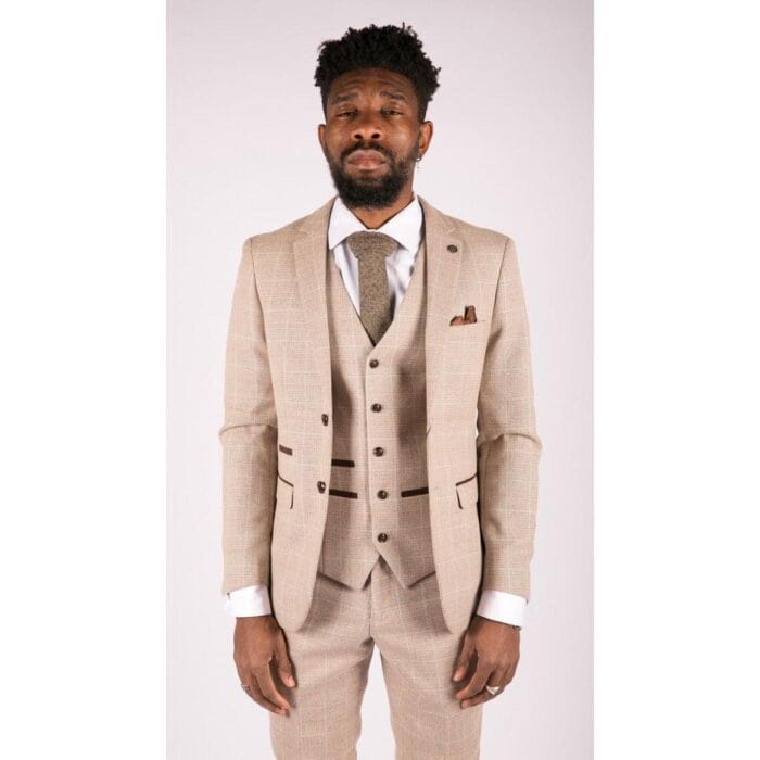 Mens Check Tweed Beige Brown 3 Piece Suit Wedding Prom Vintage Retro Classic - Knighthood Store