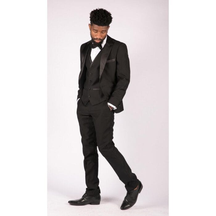 Mens 3 Piece Black Classic Satin Tuxedo Dinner Suit Tailored Fit Wedding Prom - Knighthood Store