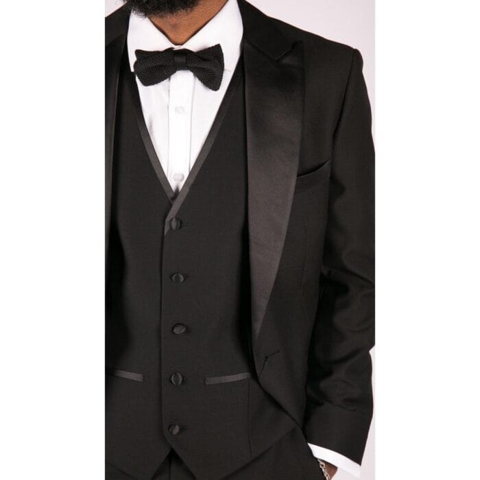 Mens 3 Piece Black Classic Satin Tuxedo Dinner Suit Tailored Fit Wedding Prom - Knighthood Store