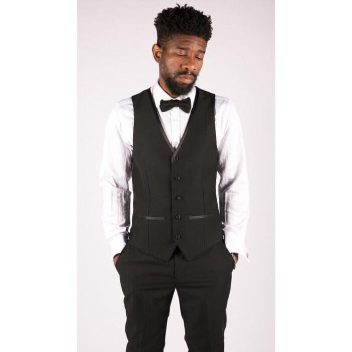 Mens 3 Piece Black Classic Satin Tuxedo Dinner Suit Tailored Fit Wedding Prom - Knighthood Store