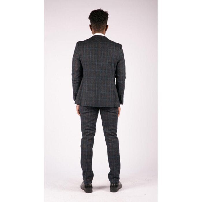Mens Navy Blue Tweed Check 3 Piece Suit Double Breasted Waistcoat Vintage - Knighthood Store