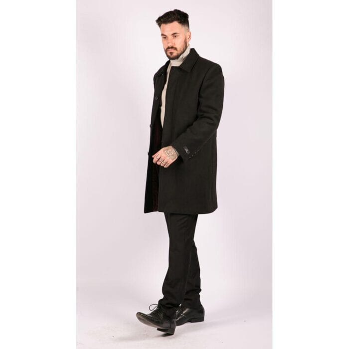 Mens Black Wool Overcoat Jacket Smart Formal 3/4 Trench Retro Vintage 1920s - Knighthood Store